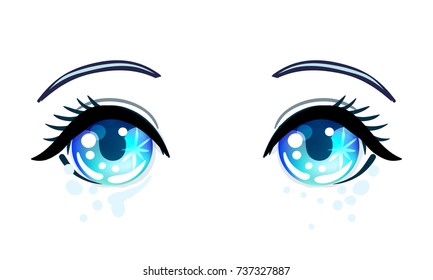 Colorful beautiful eyes in anime (manga) style with shiny light reflections. Bright vector illustration isolated. Emotions: expression of sadness. Pastel goth colors. Japanese kawaii cartoon.