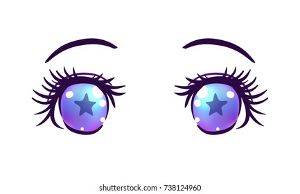 Colorful beautiful eyes in anime (manga) style with shiny light reflections. Bright vector illustration isolated. Emotions: expression of sadness. Pastel goth colors. Japanese kawaii cartoon. 