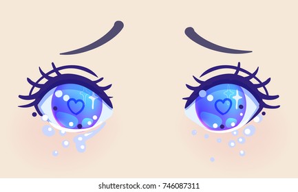 Colorful beautiful eyes in anime (manga) style with shiny light reflections. Bright vector illustration isolated. Emotions: expression of sadness. Pastel goth colors. Japanese kawaii cartoon. 