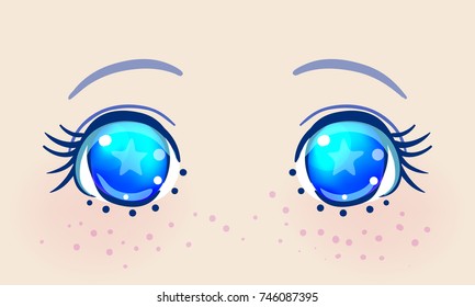 Colorful beautiful eyes in anime (manga) style with shiny light reflections. Bright vector illustration isolated. Emotions: expression of sadness. Pastel goth colors. Japanese kawaii cartoon. 