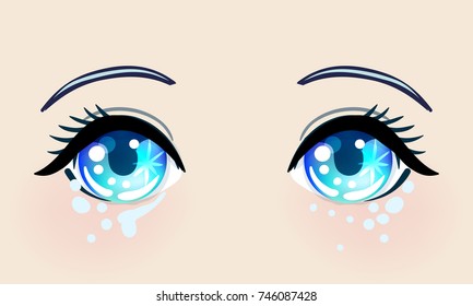 Colorful beautiful eyes in anime (manga) style with shiny light reflections. Bright vector illustration isolated. Emotions: expression of sadness. Pastel goth colors. Japanese kawaii cartoon. 