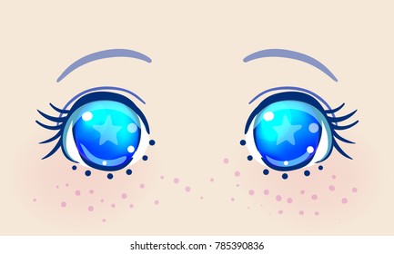 Colorful beautiful eyes in anime (manga) style with shiny light reflections. Bright vector illustration isolated. Emotions: expression of sadness. Pastel goth colors. Japanese kawaii cartoon. 