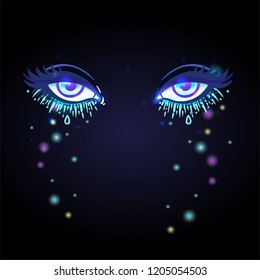 Colorful beautiful eyes with shiny glitters and face gems glowing in the dark. Bright vector illustration isolated on black. Emotions: expression of sadness. Pastel goth colors. 