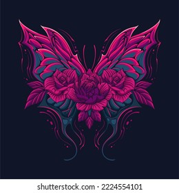 Colorful Beautiful flying butterfly with flowers and leaves on it for t shirt design