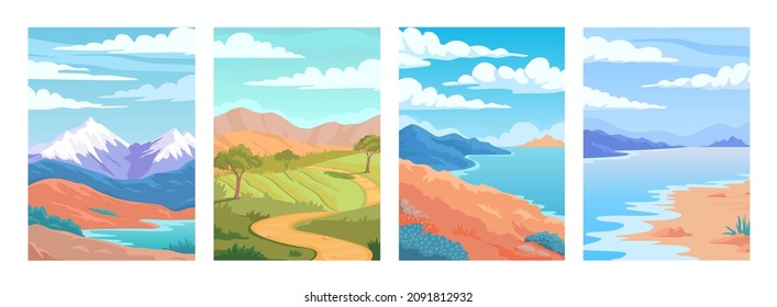 Coloridos y hermosos paisajes naturales, montañas, colinas, playa y campo veraniego ilustración vectorial 