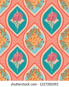 colorful beautiful ogee seamless pattern tile with floral decorative elements for creative surface designs, textile, fabric, backgrounds, wallpaper, backdrops, cards and templates