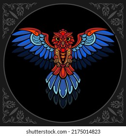 Colorful beautiful owl zentangle arts. isolated on black background