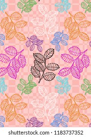 colorful beautiful repeating pattern of leaves silhouette in orange, pink, purple and blue over textured background for textile, fabric, backdrops and surface design. pattern swatch at eps. file