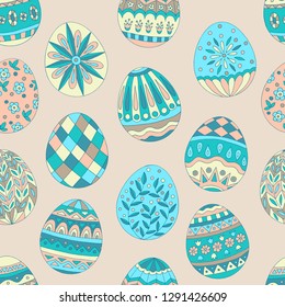 Colorful beautiful seamless pattern of painted Easter eggs on beige background