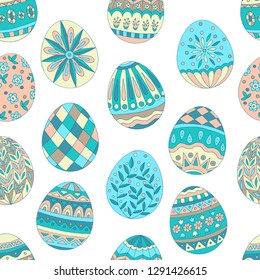 Colorful beautiful seamless pattern of painted Easter eggs on white background