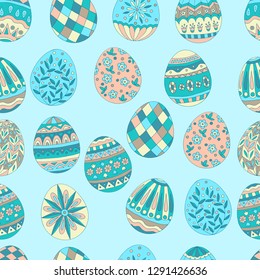 Colorful beautiful seamless pattern of painted Easter eggs on blue background