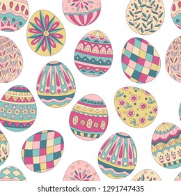 Colorful beautiful seamless pattern of painted Easter eggs on white background