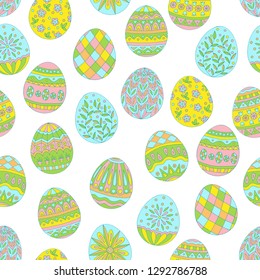 Colorful beautiful seamless pattern of painted Easter eggs on white background