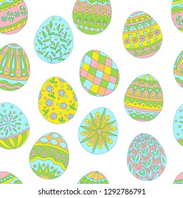 Colorful beautiful seamless pattern of painted Easter eggs on white background