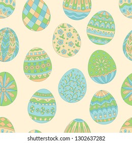 Colorful beautiful seamless pattern of painted Easter eggs on yellow background