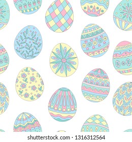 Colorful beautiful seamless pattern of painted Easter eggs on white background