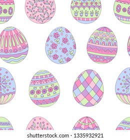 Colorful beautiful seamless pattern of painted Easter eggs on white background