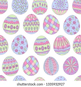 Colorful beautiful seamless pattern of painted Easter eggs on white background