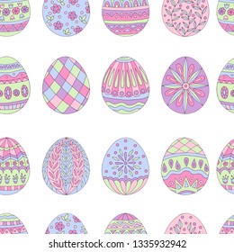 Colorful beautiful seamless pattern of painted Easter eggs on white background