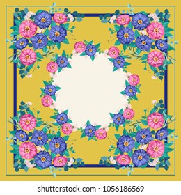 Colorful beautiful shawl, scarf print. Flowering summer meadow background. Country, Cuban, gipsy style. Bandana, pareo, home textile design. Use for textile, covers, surface, scrapbooking, decoupage.