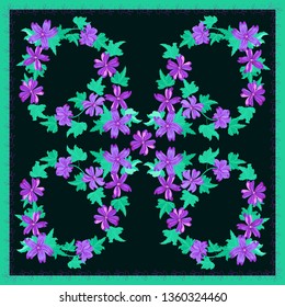 Colorful beautiful shawl, scarf print. Flowering summer meadow background. Country, Cuban, gipsy style. Bandana, pareo, home textile design. Use for textile, covers, surface, scrapbooking, decoupage.