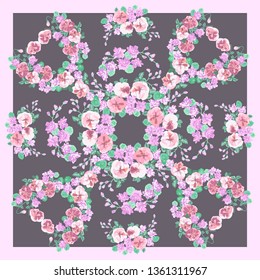 Colorful beautiful shawl, scarf print. Flowering summer meadow background. Country, Cuban, gipsy style. Bandana, pareo, home textile design. Use for textile, covers, surface, scrapbooking, decoupage.