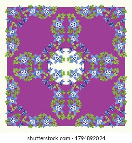 Colorful beautiful shawl, scarf print. Summer meadow background with flowers of aquilegia. Country, Cuban, gipsy style. Bandana, pareo, home textile design. Use for textile, covers, surface, scrapbook