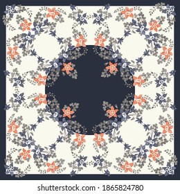 Colorful beautiful shawl, scarf print. Summer meadow background with flowers of aquilegia. Country, Cuban, gipsy style. Bandana, pareo, home textile design. Use for textile, covers, surface, scrapbook
