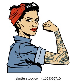 Colorful beautiful strong pin up girl with tattoo on arm in vintage style isolated vector illustration