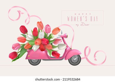Colorful beautiful tulips on a pink scooter and a ribbon behind it. Text Happy Women's day my dear. svg