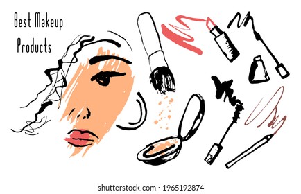 Colorful beautiful young Woman Face among Makeup brushes and Cosmetics. Process of applying Make up. Concept of Cosmetic and Beauty products. Banner for Beauty Salon, visage, Spa. Vector illustration