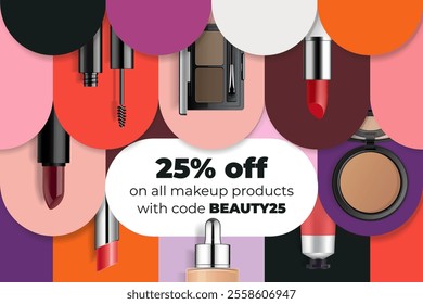 A colorful beauty banner offering a discount on makeup products. Lipstick, mascara, face foundation, cream tube isolated on geometric stylish background. 3d realistic vector illustration.