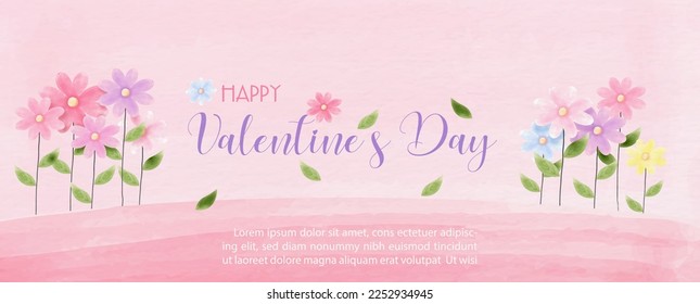 Colorful and beauty flowers with wording of Valentine 's day and example texts on pink background. Valentine greeting card and poster in watercolors style and vector design. 