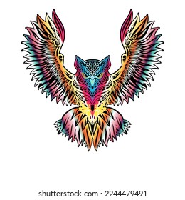 Colorful beauty An owl flapping its wings symmetrical design