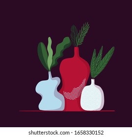 Colorful beauty shape vases with tropical leaves trendy flat vector