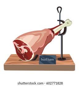 Colorful beef meat ham template lying on wooden stand in hand drawn style isolated vector illustration