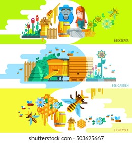 Colorful beekeping horizontal banners with beekeeper garden and honey elements in flat style vector illustration