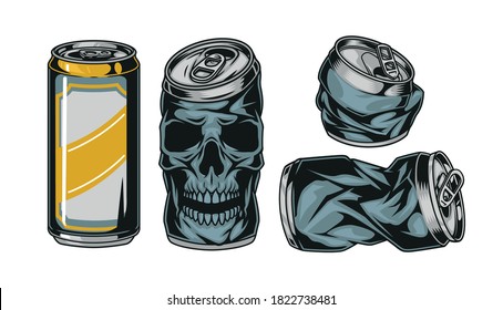 Colorful beer aluminum cans set with crumpled package and can in shape of skull in vintage style isolated vector illustration