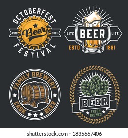 Colorful beer badges vintage set with inscriptions hop cones bottle cap wooden cask and mug of foamy alcoholic drink on dark background isolated vector illustration