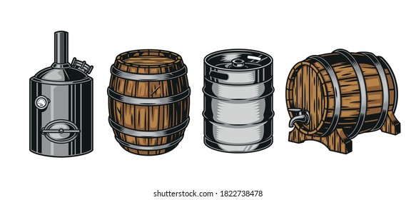 Colorful beer containers vintage set with brewing machine metal keg and wooden barrels isolated vector illustration