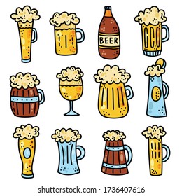 Colorful beer in cups bottle and glasses icons vector set