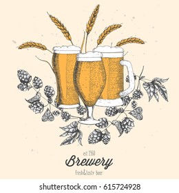 Colorful beer design template. Menu label with barley, hops and beer glasses. Brewery concept. Hand-drawn vector illustration.