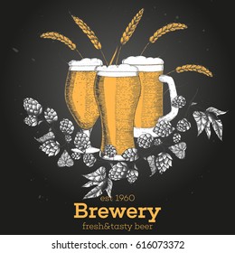 Colorful beer design template. Menu label with barley, hops and beer glasses. Brewery concept. Hand-drawn vector illustration.
