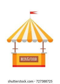 Colorful beer and food festival tent of orange and white colors, selling drinks and snacks represented on vector illustration on white background.