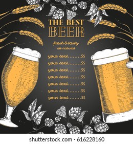 Colorful beer menu design template. Engraved illustration with barley, hops and beer glasses. Brewery concept. Hand-drawn vector illustration