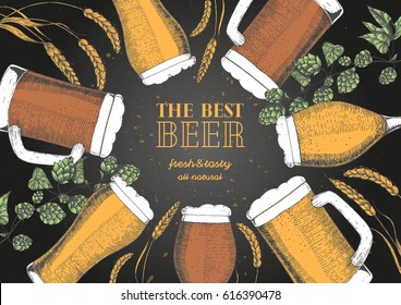 Colorful beer menu design template. Engraved illustration with barley, hops and beer glasses. Brewery frame concept. Hand drawn vector illustration for beer restaurant