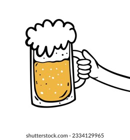 Colorful Beer mug in cartoon style sign. Vector art illustration on white background.