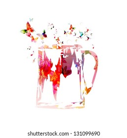 Colorful beer mug design with butterflies background