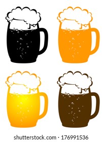 colorful beer mugs with bubbles on white background