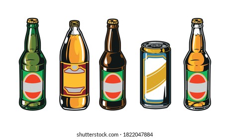 Colorful beer packages vintage collection with glass and plastic bottles and aluminum can isolated vector illustration